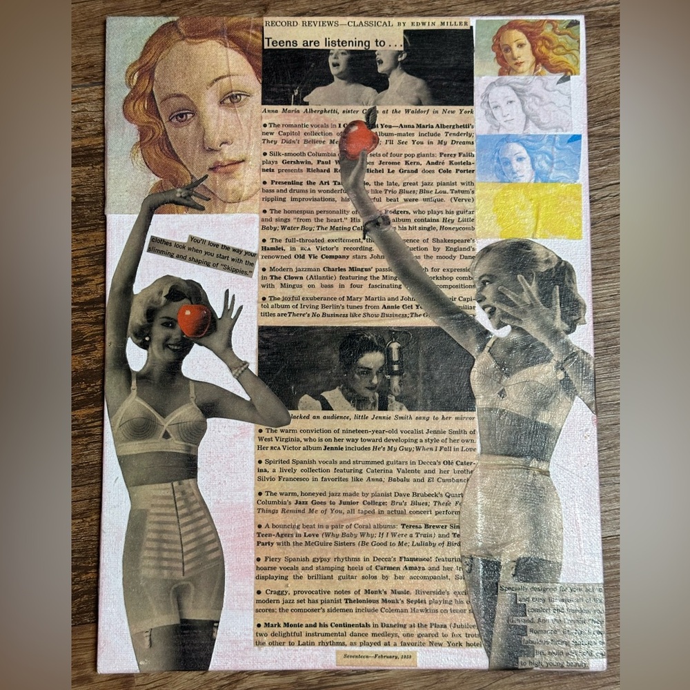 Vintage collage art on canvas panel pinup seventeen magazine hand made